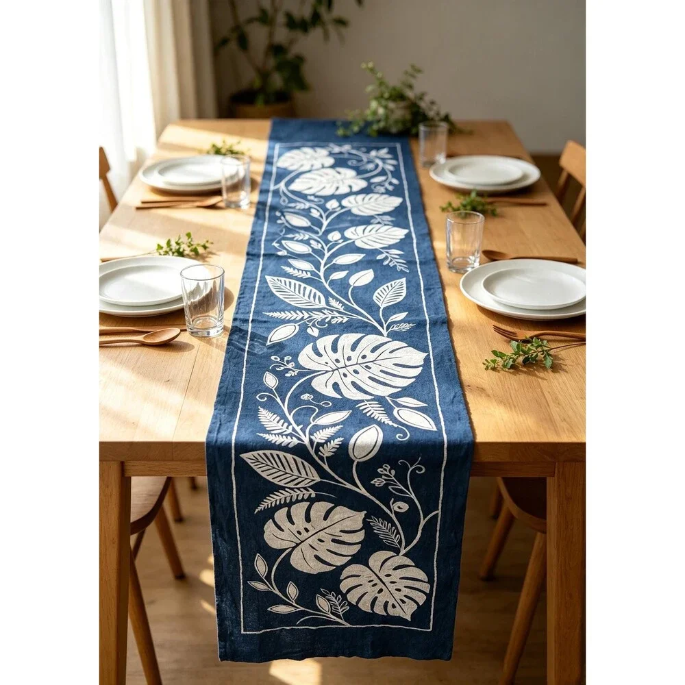 Handmade Indigo Batik Table Runner, Monstera Leaf Botanical Table Decor